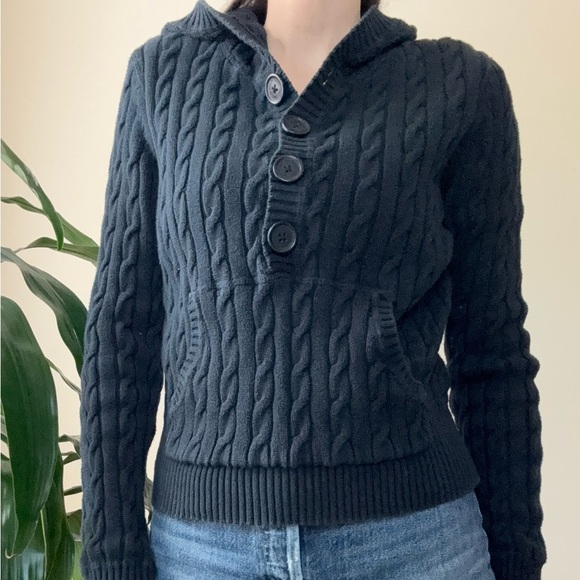 Ralph Lauren Navy Blue Cableknit Hooded Button Henley Hoodie Sweater Large y2k - Picture 2 of 10